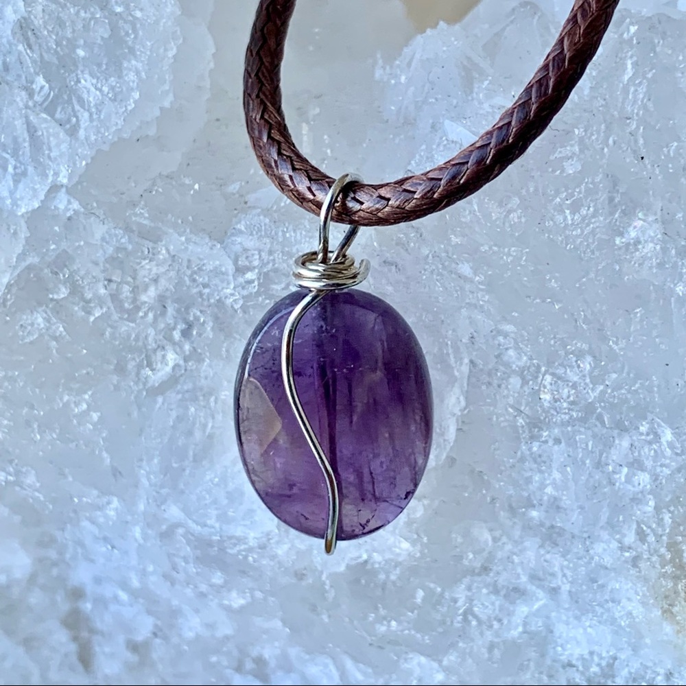 Amethyst Brown Leather Cord Necklace